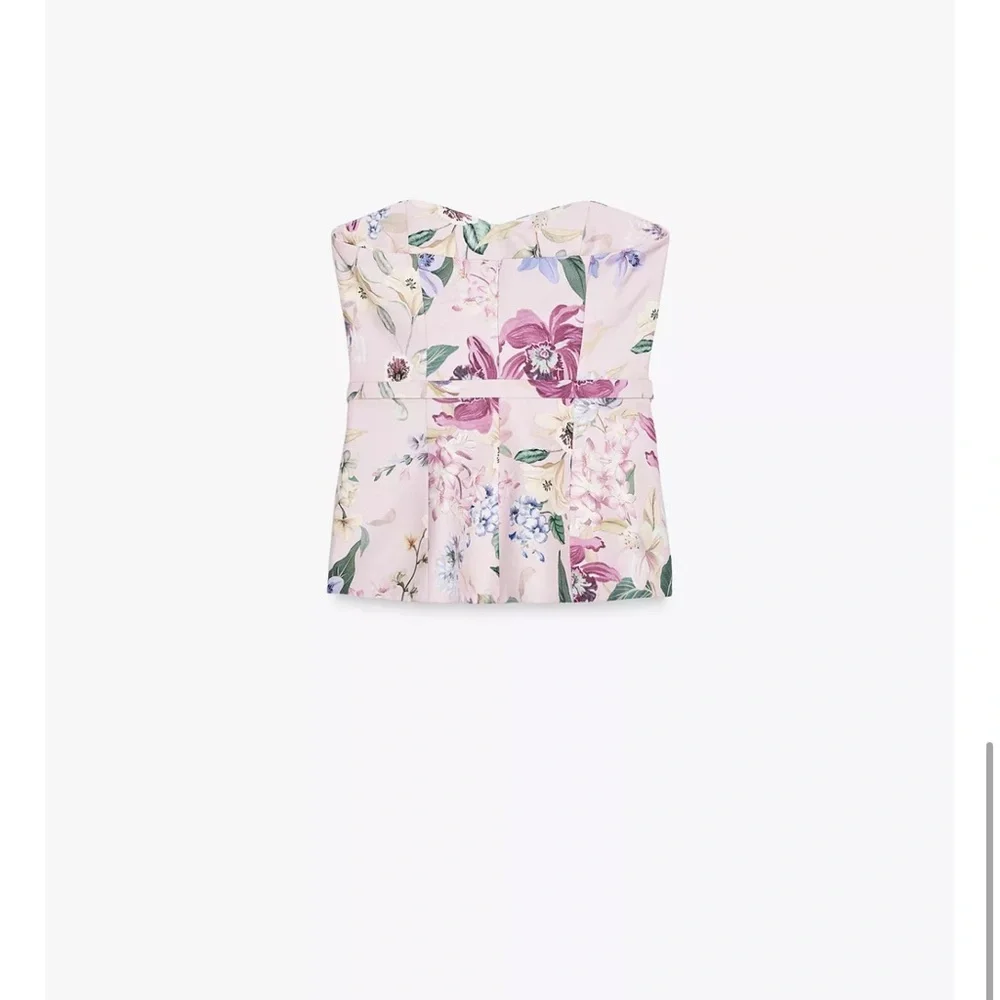Zara Floral Sweetheart Corset Top Belted Bardot Pink NWT XS - Picture 10 of 10